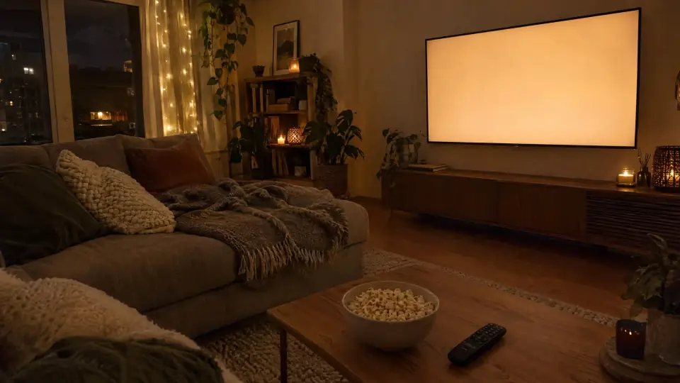 Four friends on a sofa laughing at holiday photos on a big TV, one holding a phone like a remote